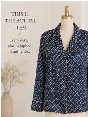 Eberjey 100% Silk | Hamptons Coastal Luxury PJs Top / Navy Print Lounge Shirt S